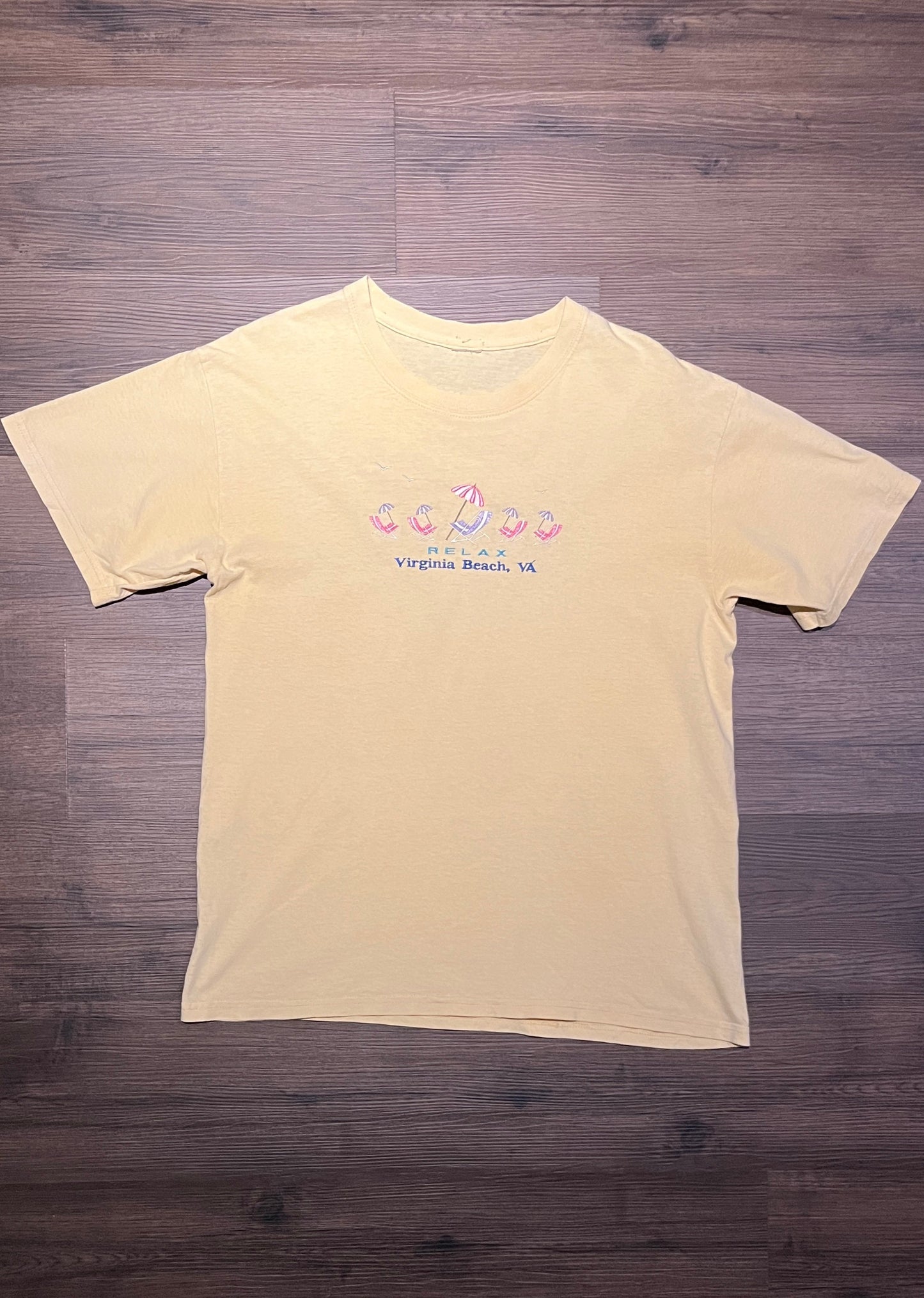 Relax Virginia Beach, VA Embroidered Graphic Tee | Size X-Large | Vintage 2000s Tourist Promotional Yellow T-Shirt | Free Shipping to USA |