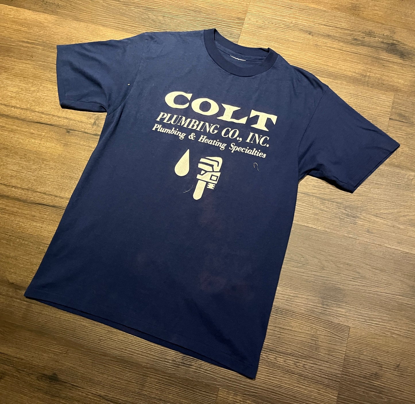 Colt Plumbing Co., Inc. Graphic Tee | Size Large | Vintage 1990s Promotional Single Stitch Blue T-Shirt | Free Shipping to USA |