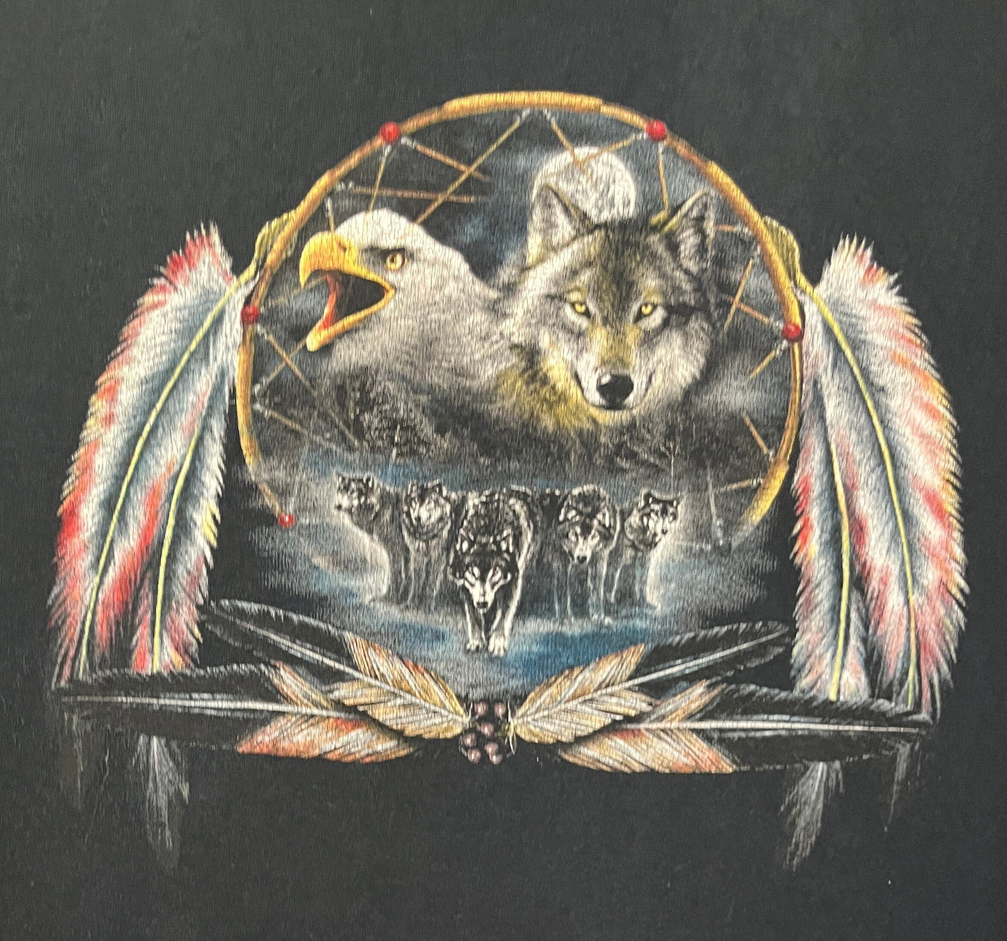 Wolf & Eagle Dreamcatcher Graphic Tee | Size Large | Vintage 2000s Animal Dreamcatcher Black T-Shirt | Free Shipping to USA |