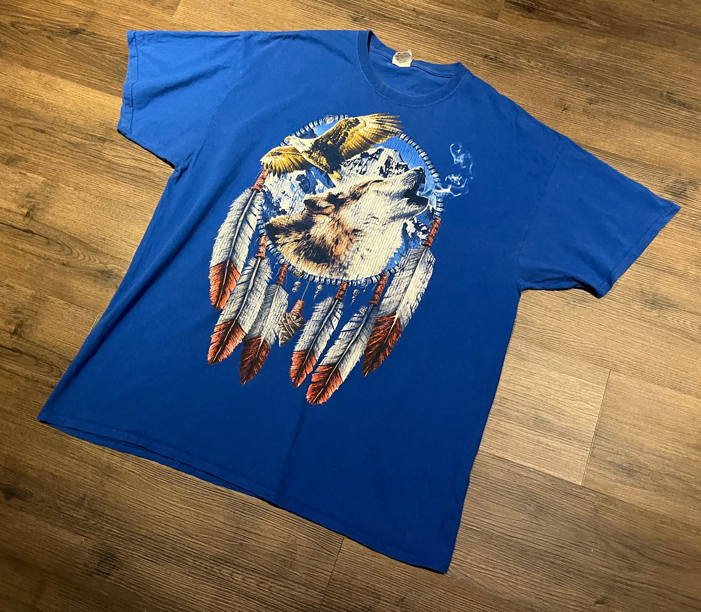 Wolf & Eagle Dreamcatcher Graphic Tee | Size XX-Large | Vintage 2000s Animal Dreamcatcher Blue T-Shirt | Free Shipping to USA |