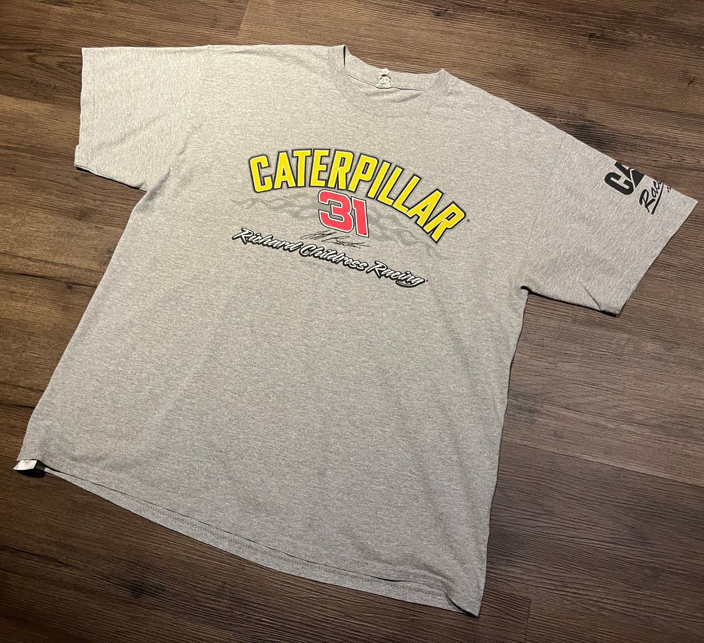 Jeff Burton Caterpillar NASCAR Graphic Tee | Size X-Large | Vintage 2000s NASCAR Racing Grey T-Shirt | Free Shipping to America |