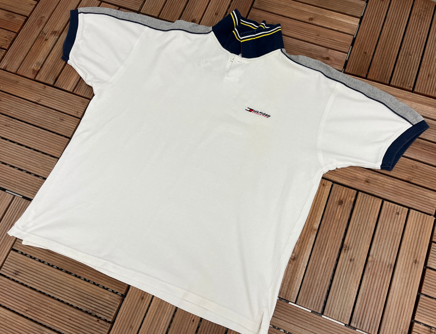 Tommy Hilfiger Athletics Embroidered Graphic T-Shirt | Size X-Large | Vintage 2000s Branded Collared White T-Shirt | Free Shipping to USA |