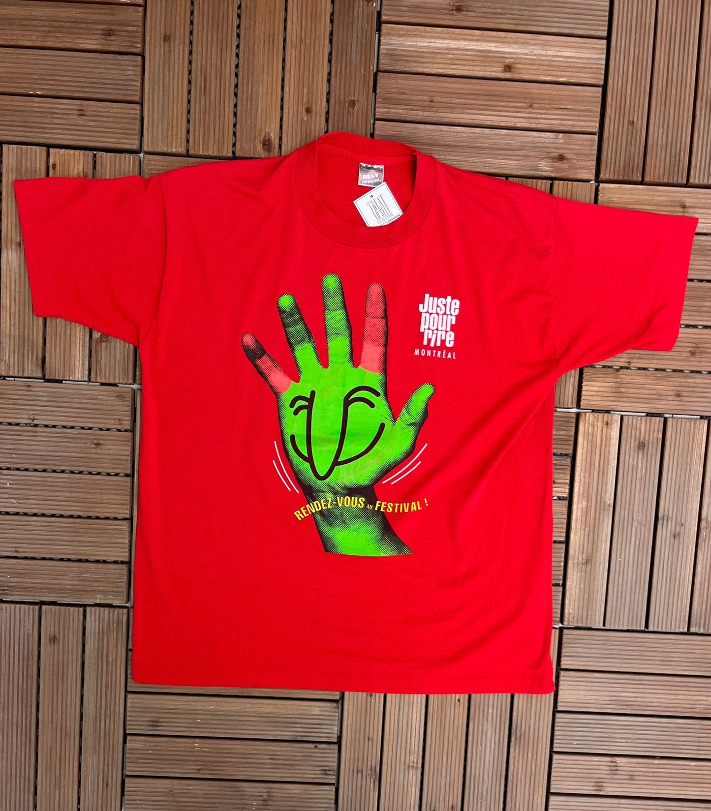 Juste Pour Rire Montreal Graphic Tee | Size X-Large | Vintage 1990s Promotional Single Stitch Red T-Shirt |
