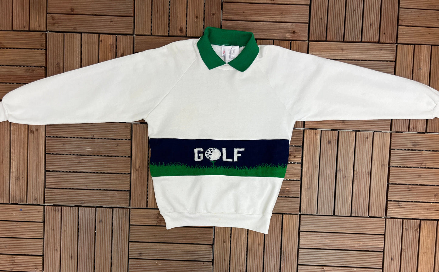 Golfer Spell Out Graphic Sweater | Size Large | Vintage 1990s Colourful Part Knit Sweatshirt | Made in USA |