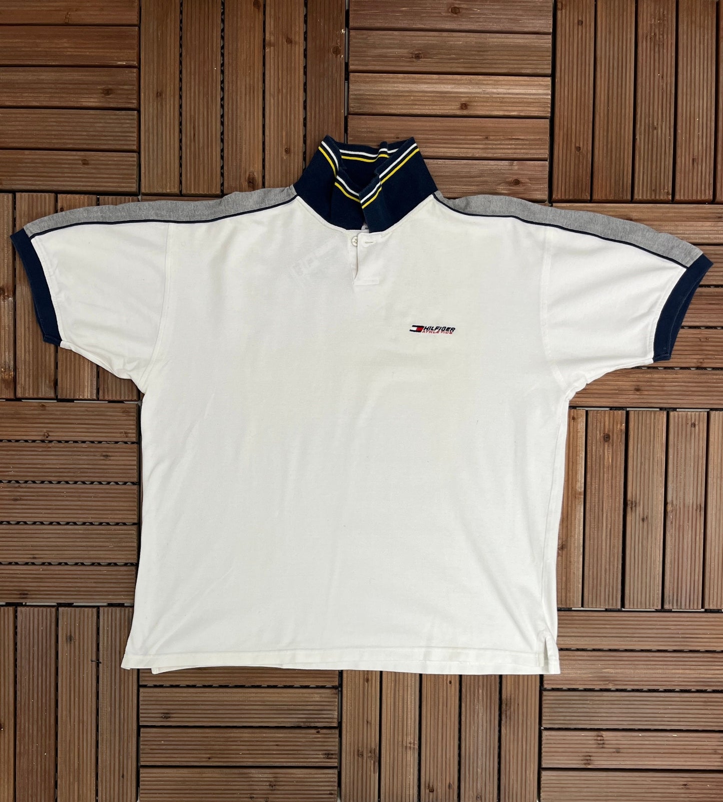 Tommy Hilfiger Athletics Embroidered Graphic T-Shirt | Size X-Large | Vintage 2000s Branded Collared White T-Shirt | Free Shipping to USA |