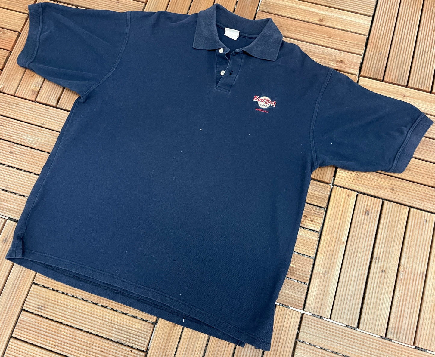 Hard Rock Cafe Honolulu Embroidered Graphic Tee | Size X-Large | Vintage 2000s Promotional Collared Blue T-Shirt | Free Shipping to USA |