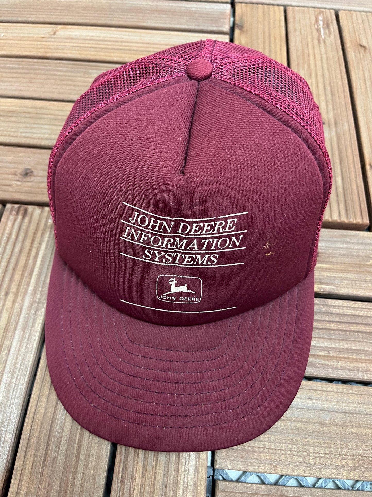 John Deer Information System Graphic Hat | Adjustable With Snap Back | Vintage Cushioned Trucker Promotional Red Cap |