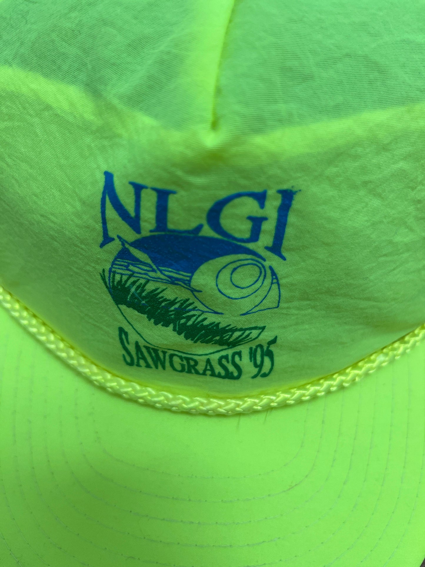 NLGI Sawgrass '95 Graphic Hat | Adjustable With Sliding Strap | Vintage 1990s Promotional Yellow / Green Cap |