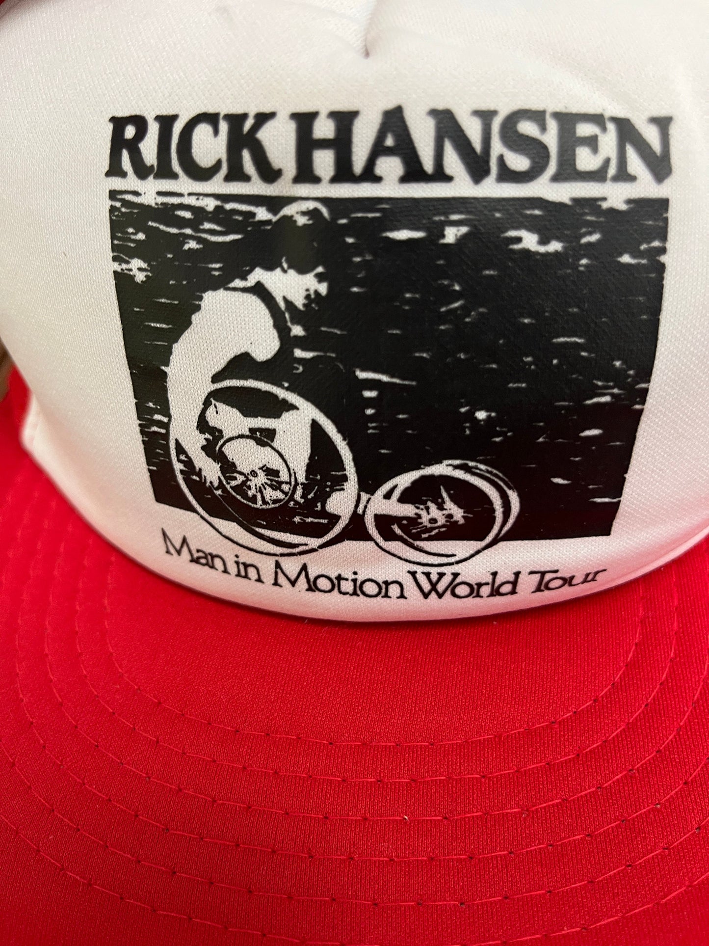 Rick Hansen Man In Motion World Tour Graphic Hat | Adjustable With Snap Back | Vintage 1990s Trucker Red & White Cap |