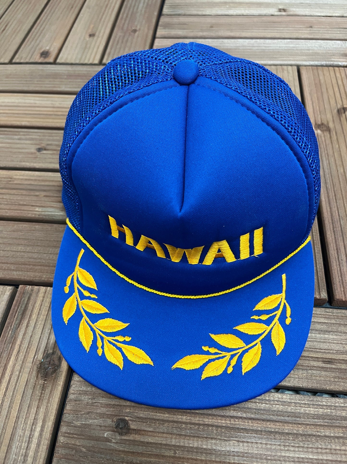 Hawaii Embroidered Graphic Hat | Adjustable With Snap Back | Vintage 1990s Tourist Promotional Blue Trucker Cap |
