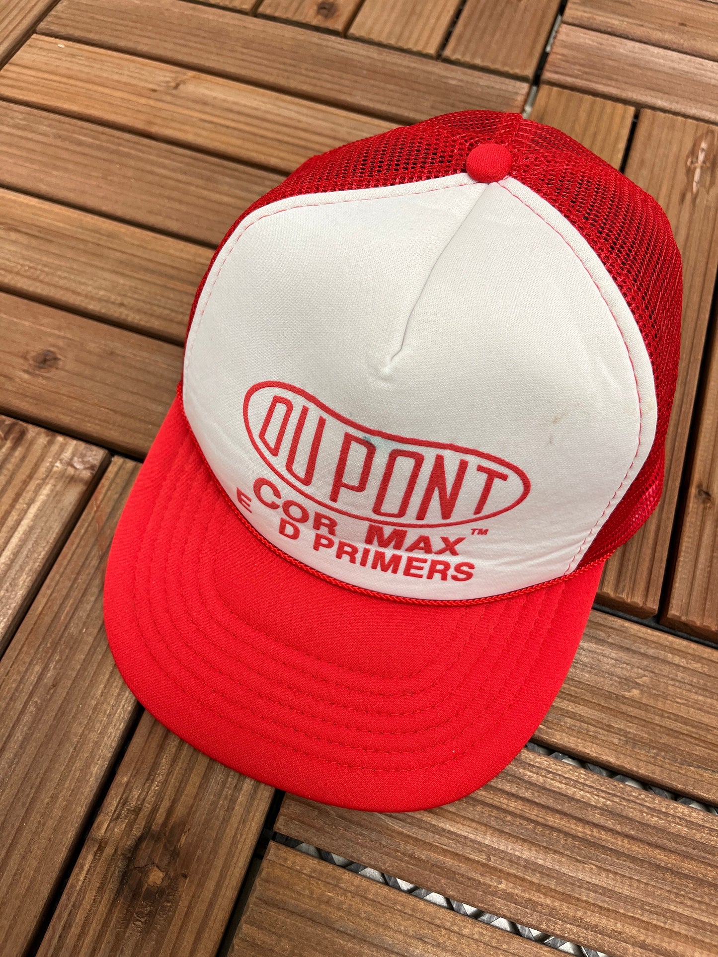 DuPont Primers Graphic Hat | Adjustable With Snap Back | Vintage Trucker Style Red & White Cap |