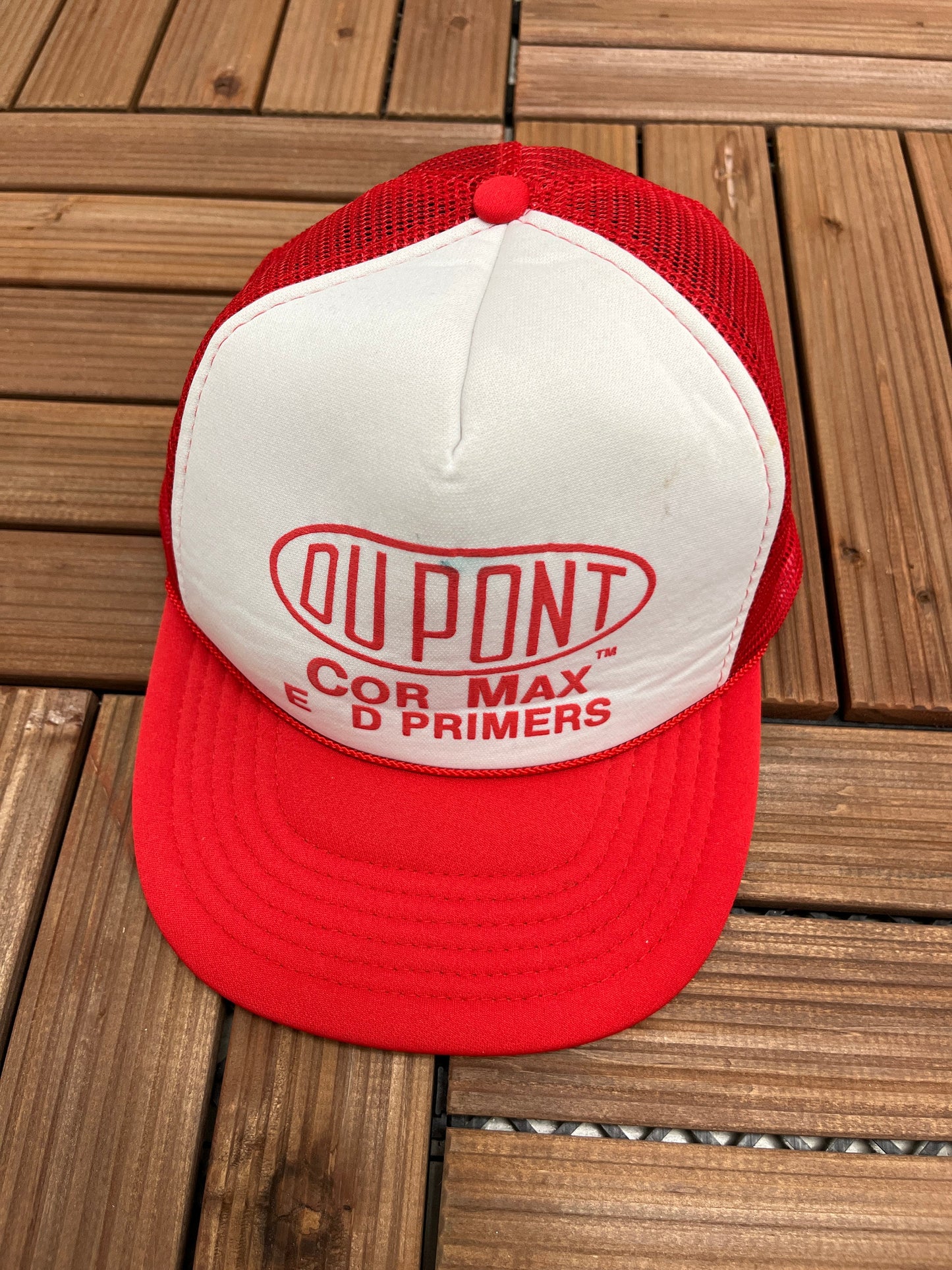 DuPont Primers Graphic Hat | Adjustable With Snap Back | Vintage Trucker Style Red & White Cap |