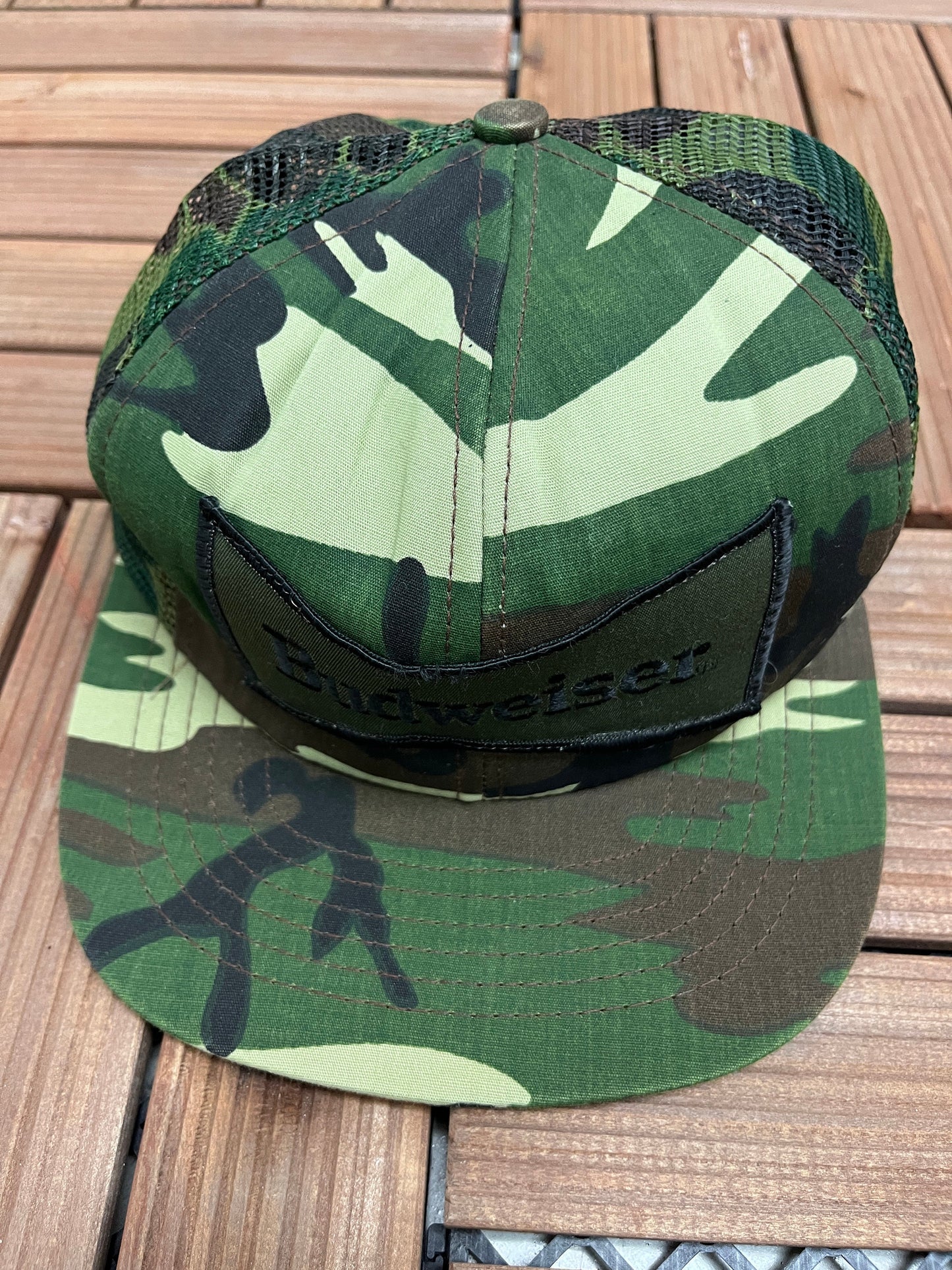 Budweiser Camo Embroidered Hat | Adjustable With Snap Back | Vintage 1990s Beer Alcohol Promotional Camo Trucker Cap |