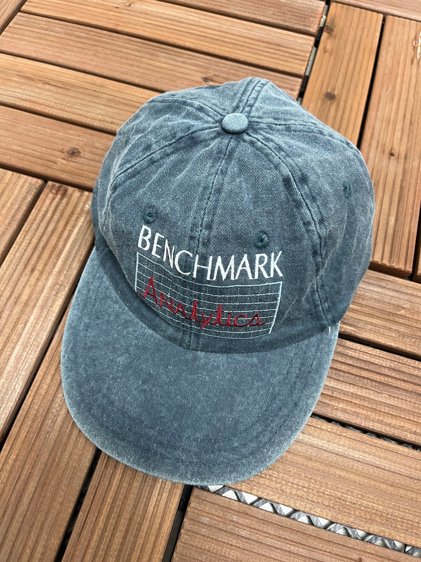 Benchmark Analytics Embroidered Graphic Hat | Adjustable With Leather Tuck Strap | Vintage 1990s Promotional Blue Cap |