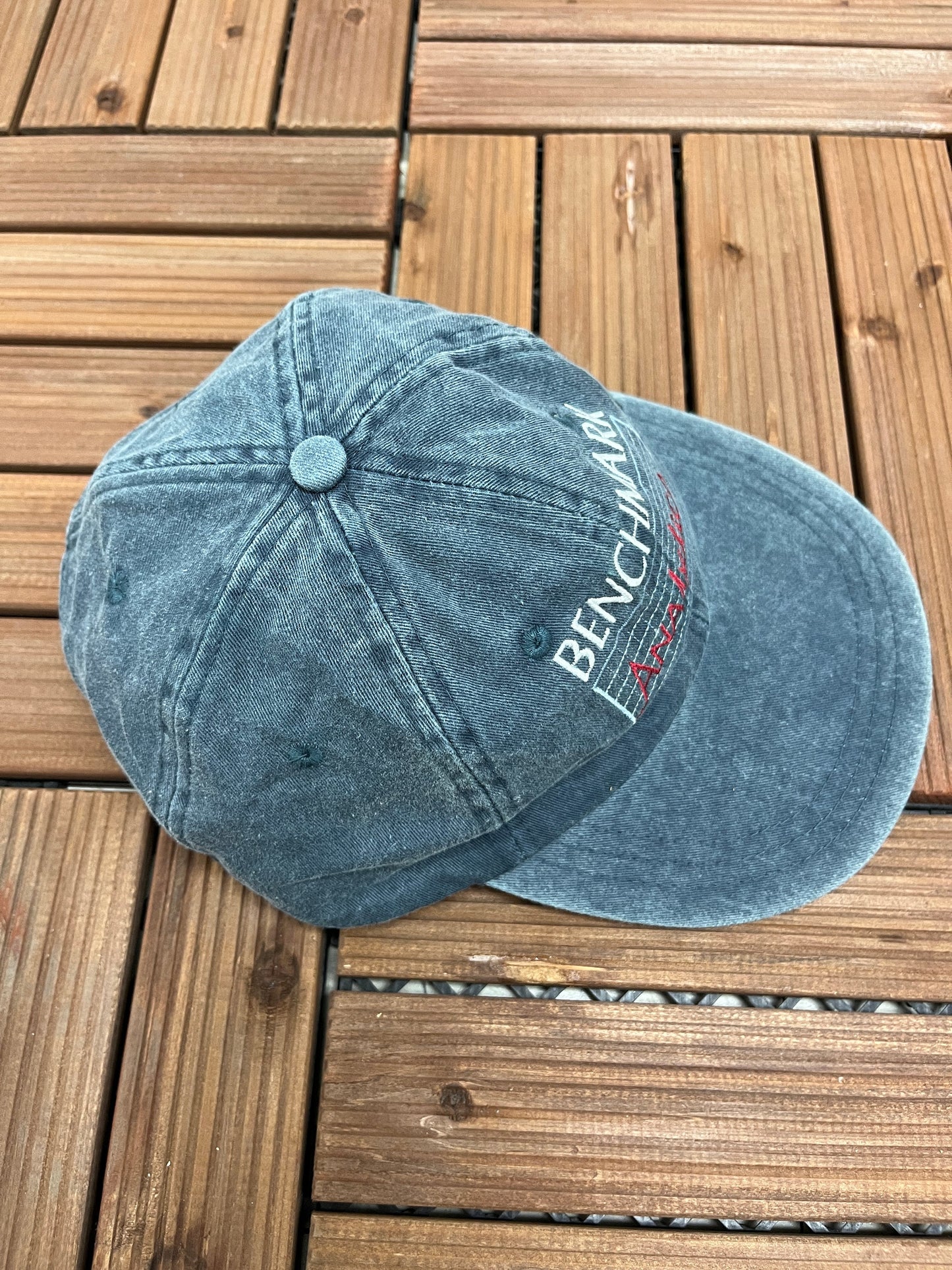 Benchmark Analytics Embroidered Graphic Hat | Adjustable With Leather Tuck Strap | Vintage 1990s Promotional Blue Cap |