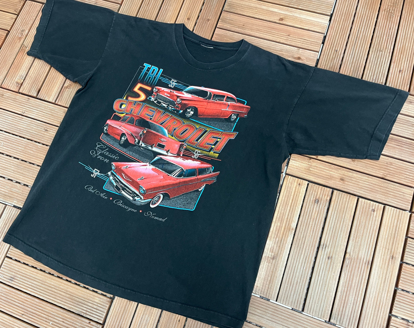 Chevrolet Tri-Five Graphic Tee | Size X-Large | Vintage 2000s Old School Muscle Car Promotional Chevy Black T-Shirt | Free Shipping to USA |