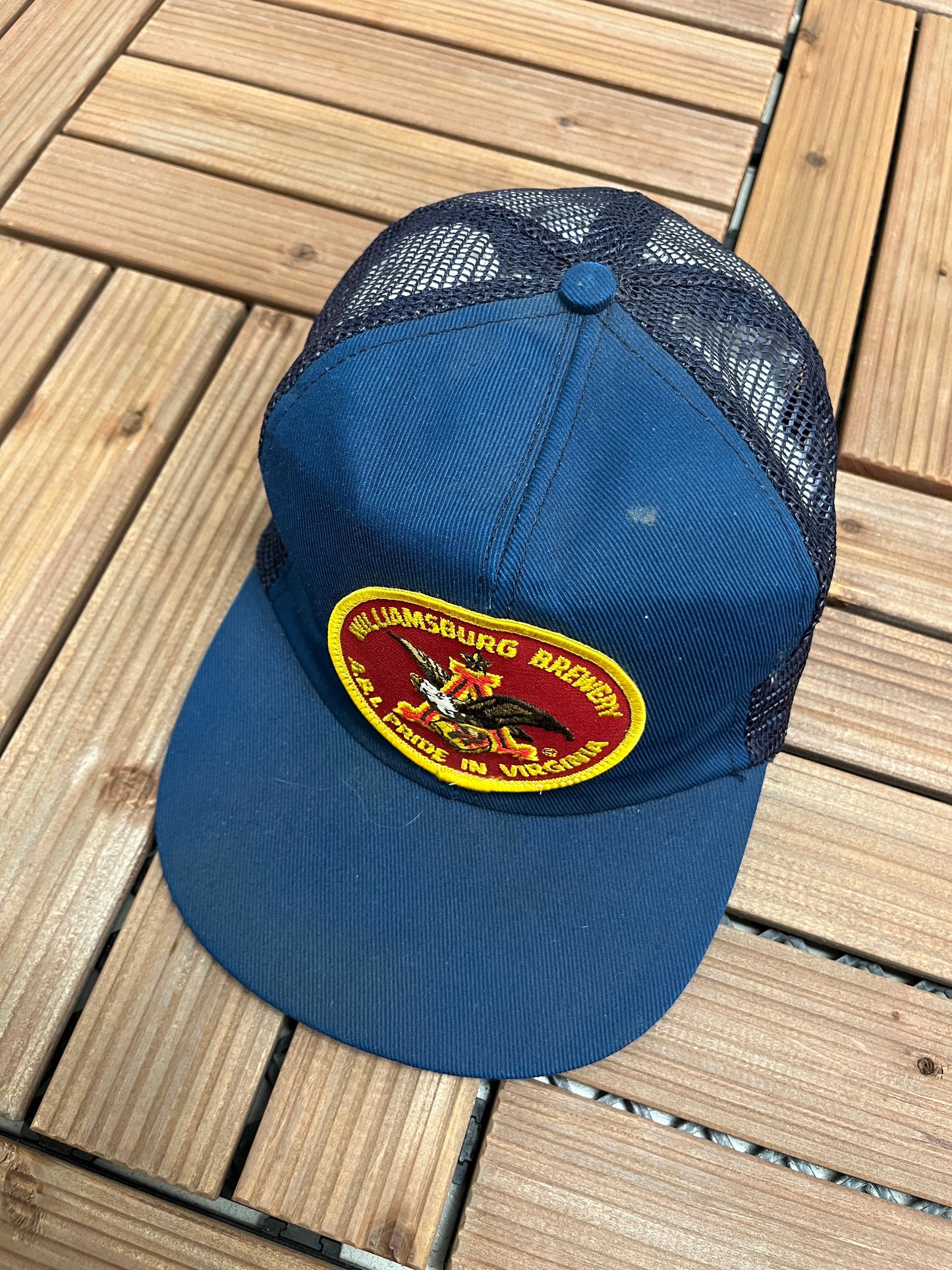 Anheuser-Busch Williamsburg Brewery Graphic Hat | Snap Back | Vintage 1990s Beer Alcohol Promotional Blue Trucker Cap |