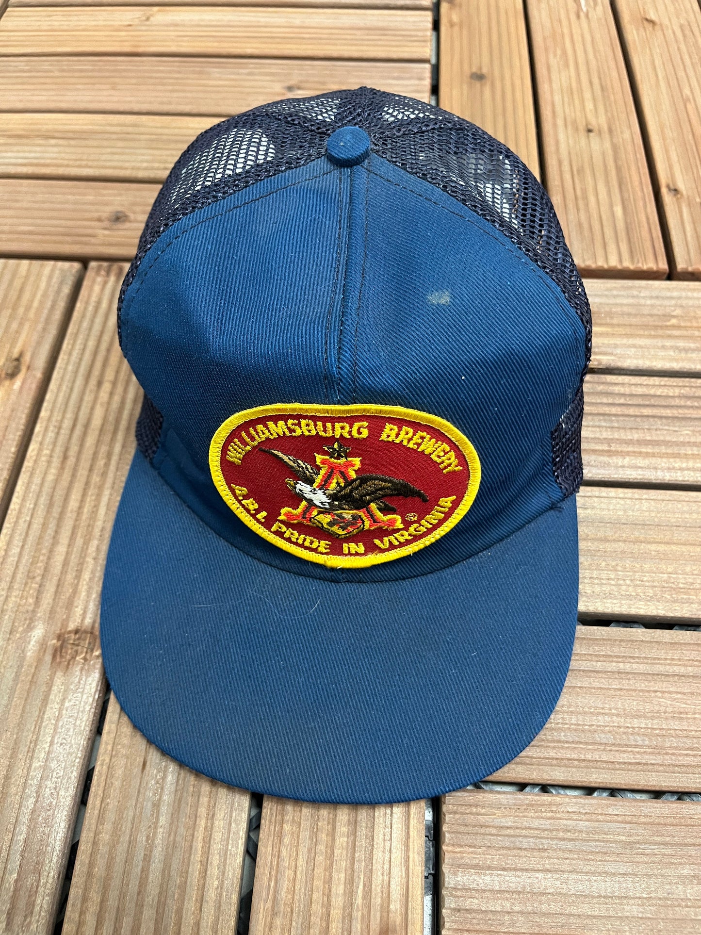 Anheuser-Busch Williamsburg Brewery Graphic Hat | Snap Back | Vintage 1990s Beer Alcohol Promotional Blue Trucker Cap |