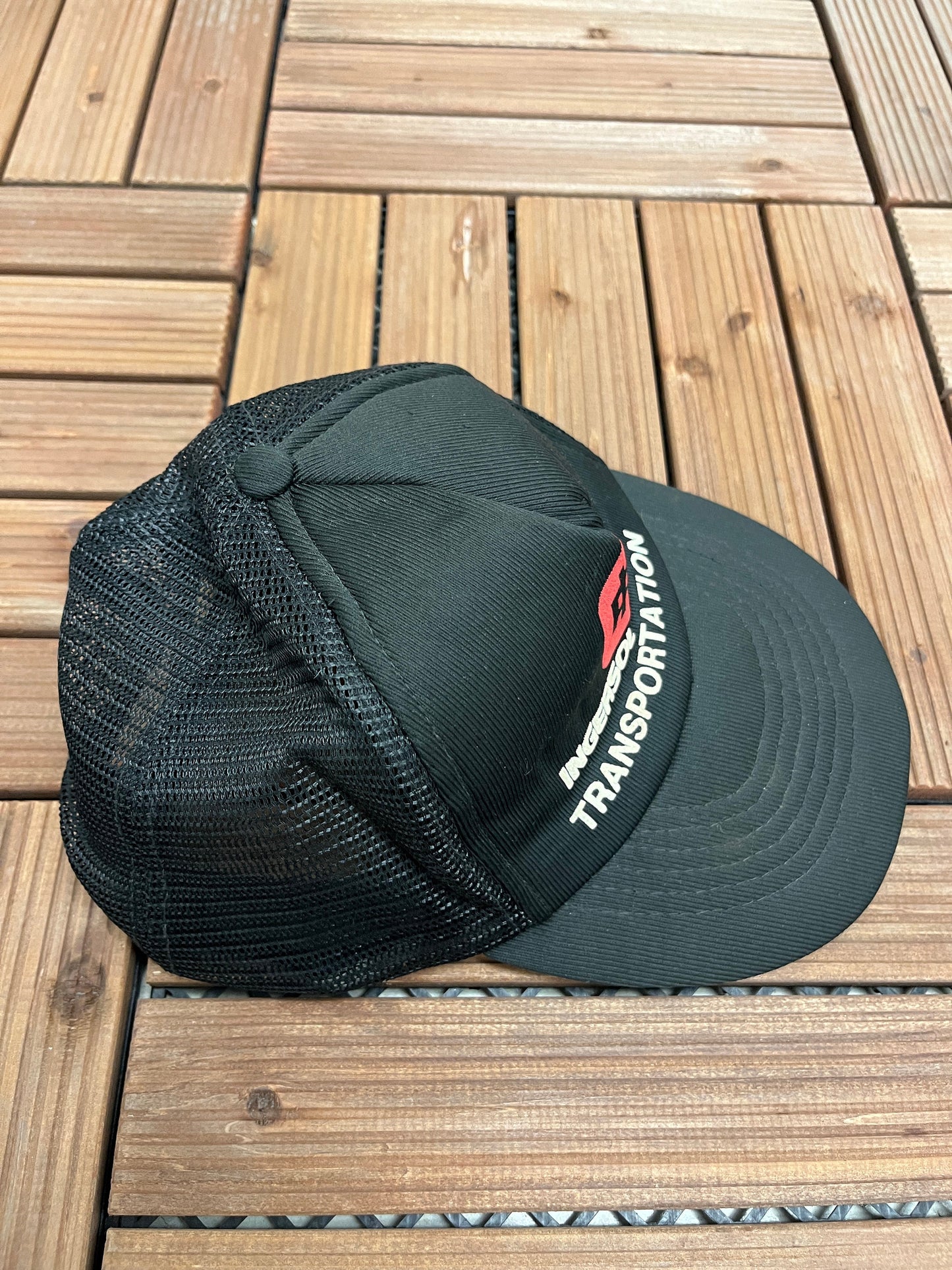 Ingersoll Rand Transportation Graphic Hat | Adjustable With Snap Back | Vintage 1990s Promotional Black Trucker Cap |