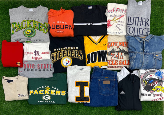 18 Piece Wholesale Bundle Lot of 1990s & 2000s Music, Pro / College Sports, Harley Davidson, Jeans, Promotional Items, Adidas Windbreaker
