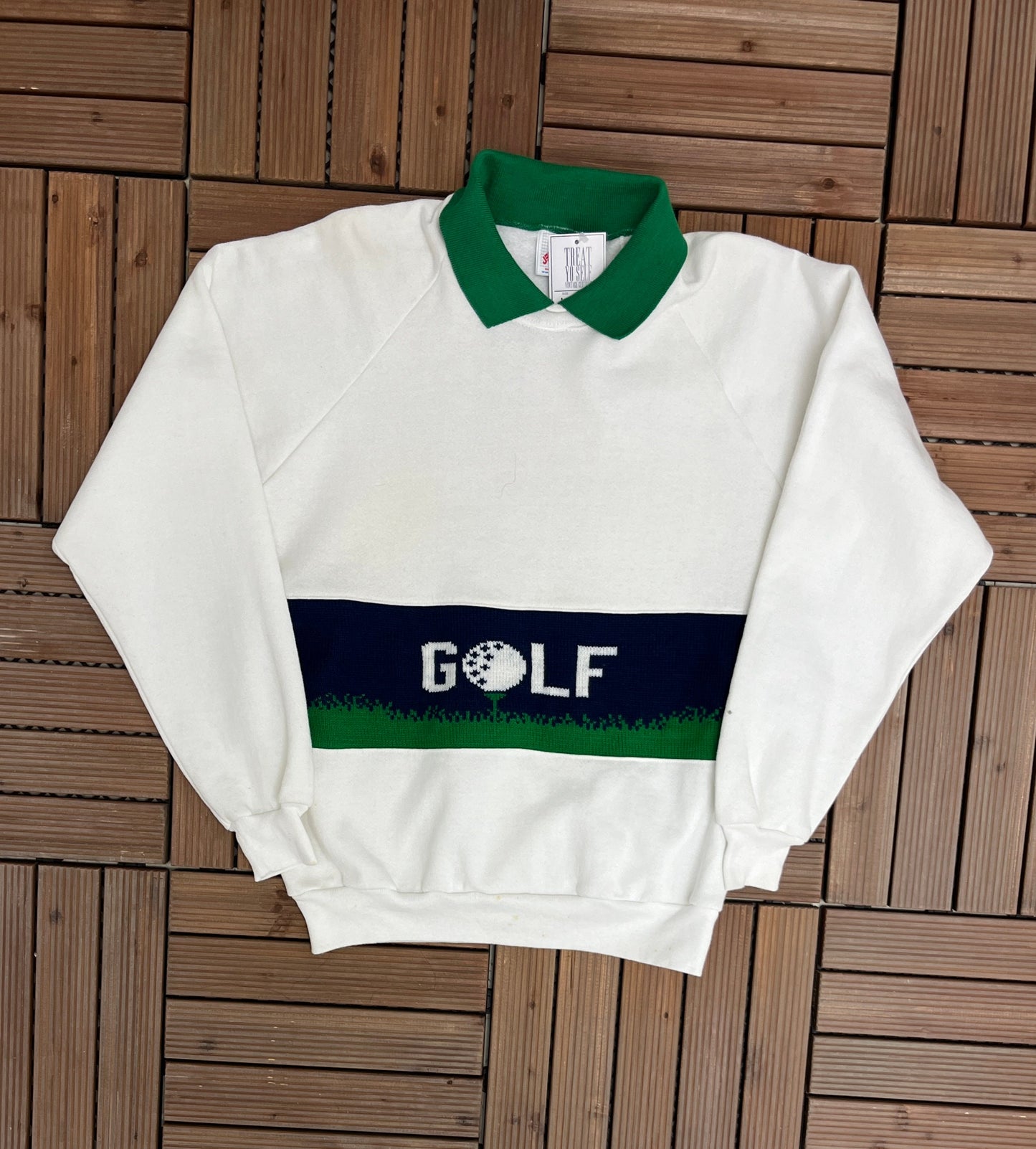 Golfer Spell Out Graphic Sweater | Size Large | Vintage 1990s Colourful Part Knit Sweatshirt | Made in USA |