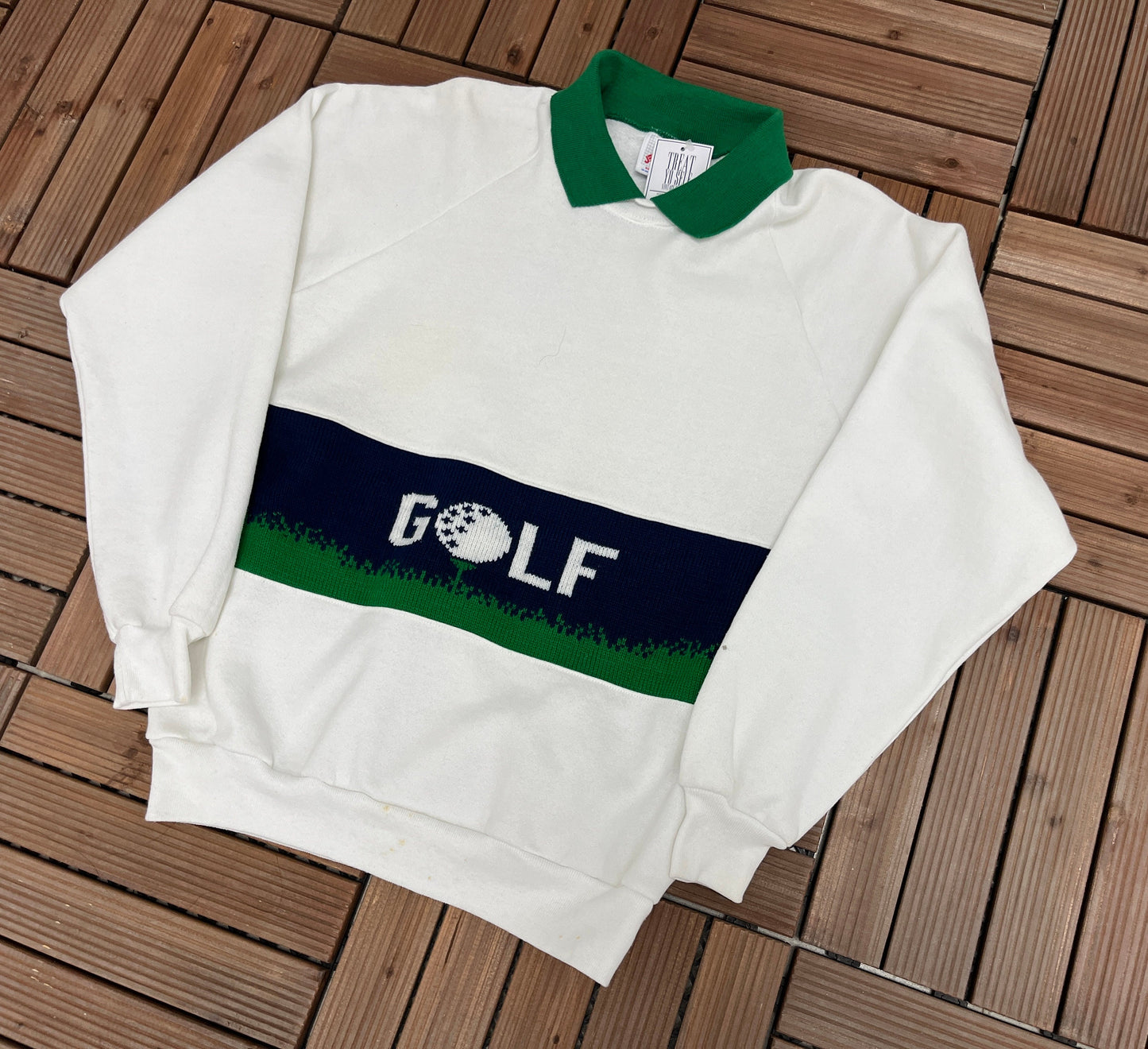 Golfer Spell Out Graphic Sweater | Size Large | Vintage 1990s Colourful Part Knit Sweatshirt | Made in USA |