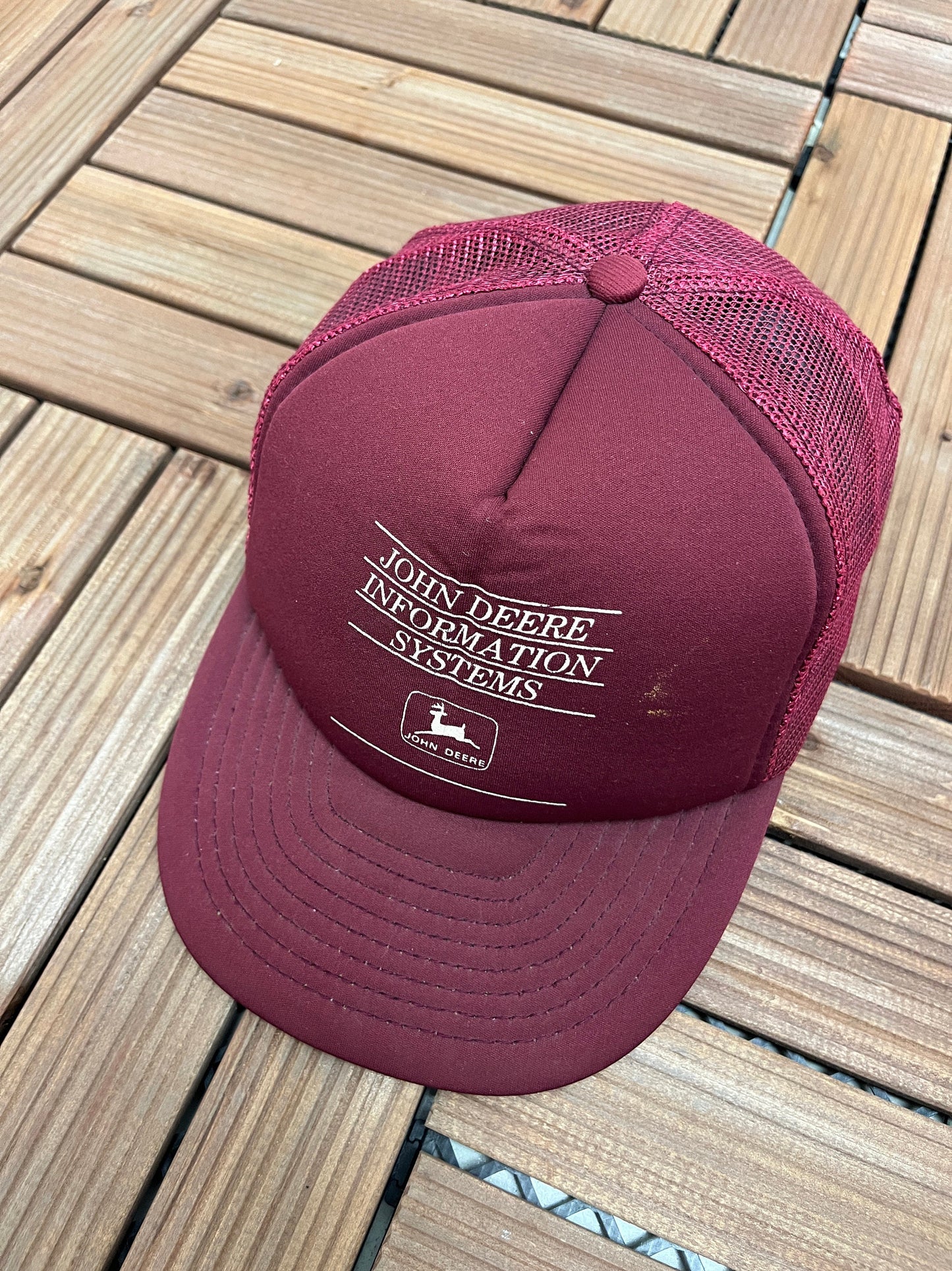 John Deer Information System Graphic Hat | Adjustable With Snap Back | Vintage Cushioned Trucker Promotional Red Cap |