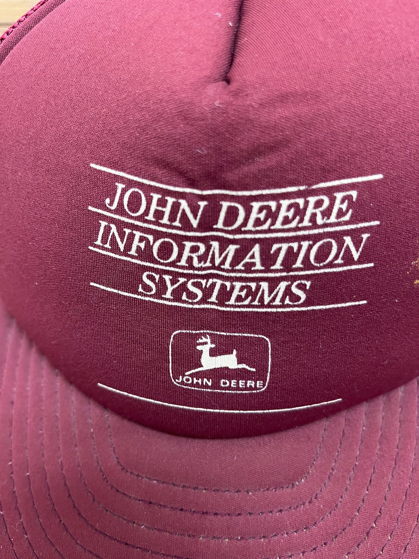 John Deer Information System Graphic Hat | Adjustable With Snap Back | Vintage Cushioned Trucker Promotional Red Cap |