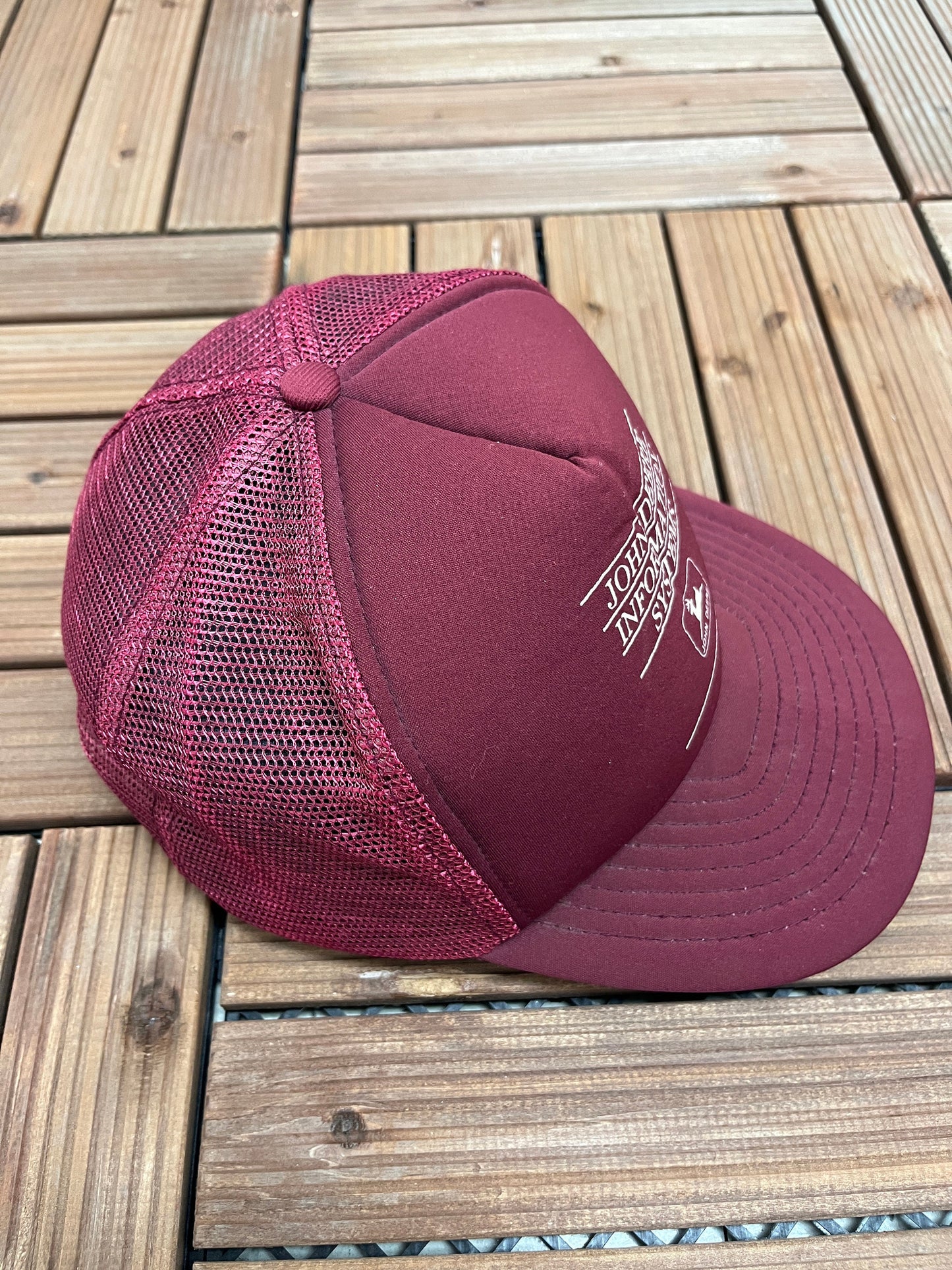 John Deer Information System Graphic Hat | Adjustable With Snap Back | Vintage Cushioned Trucker Promotional Red Cap |