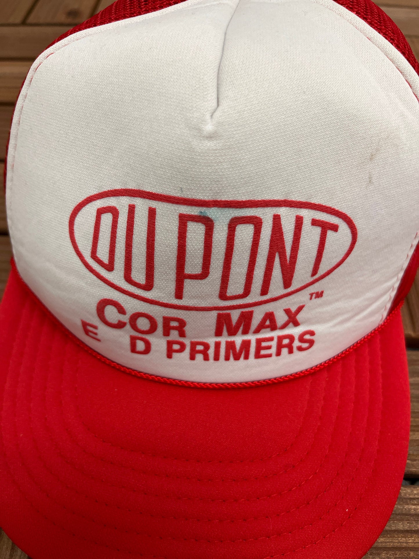 DuPont Primers Graphic Hat | Adjustable With Snap Back | Vintage Trucker Style Red & White Cap |