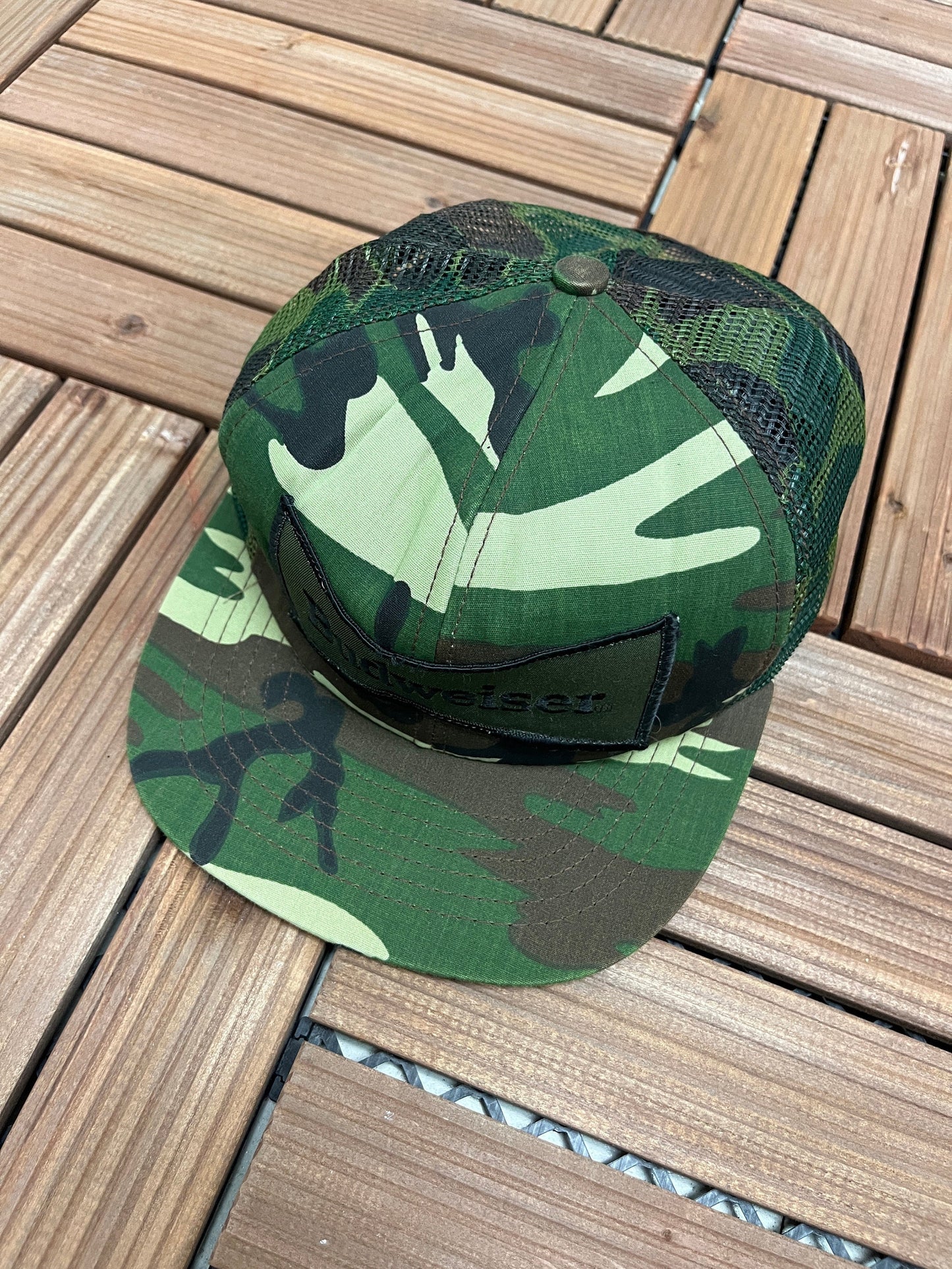 Budweiser Camo Embroidered Hat | Adjustable With Snap Back | Vintage 1990s Beer Alcohol Promotional Camo Trucker Cap |