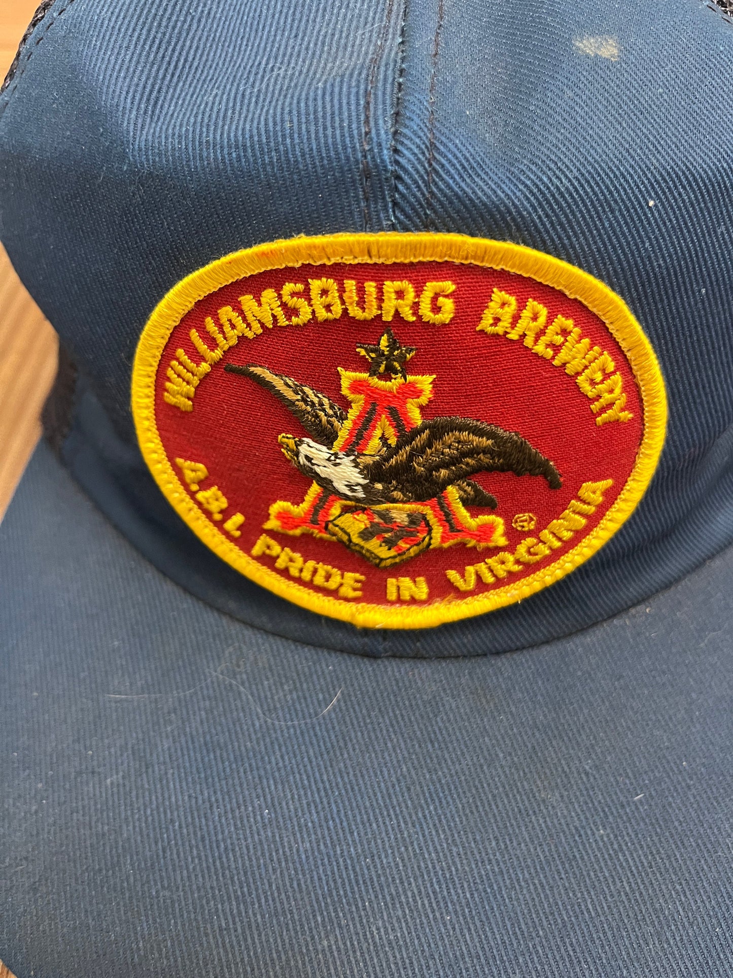 Anheuser-Busch Williamsburg Brewery Graphic Hat | Snap Back | Vintage 1990s Beer Alcohol Promotional Blue Trucker Cap |