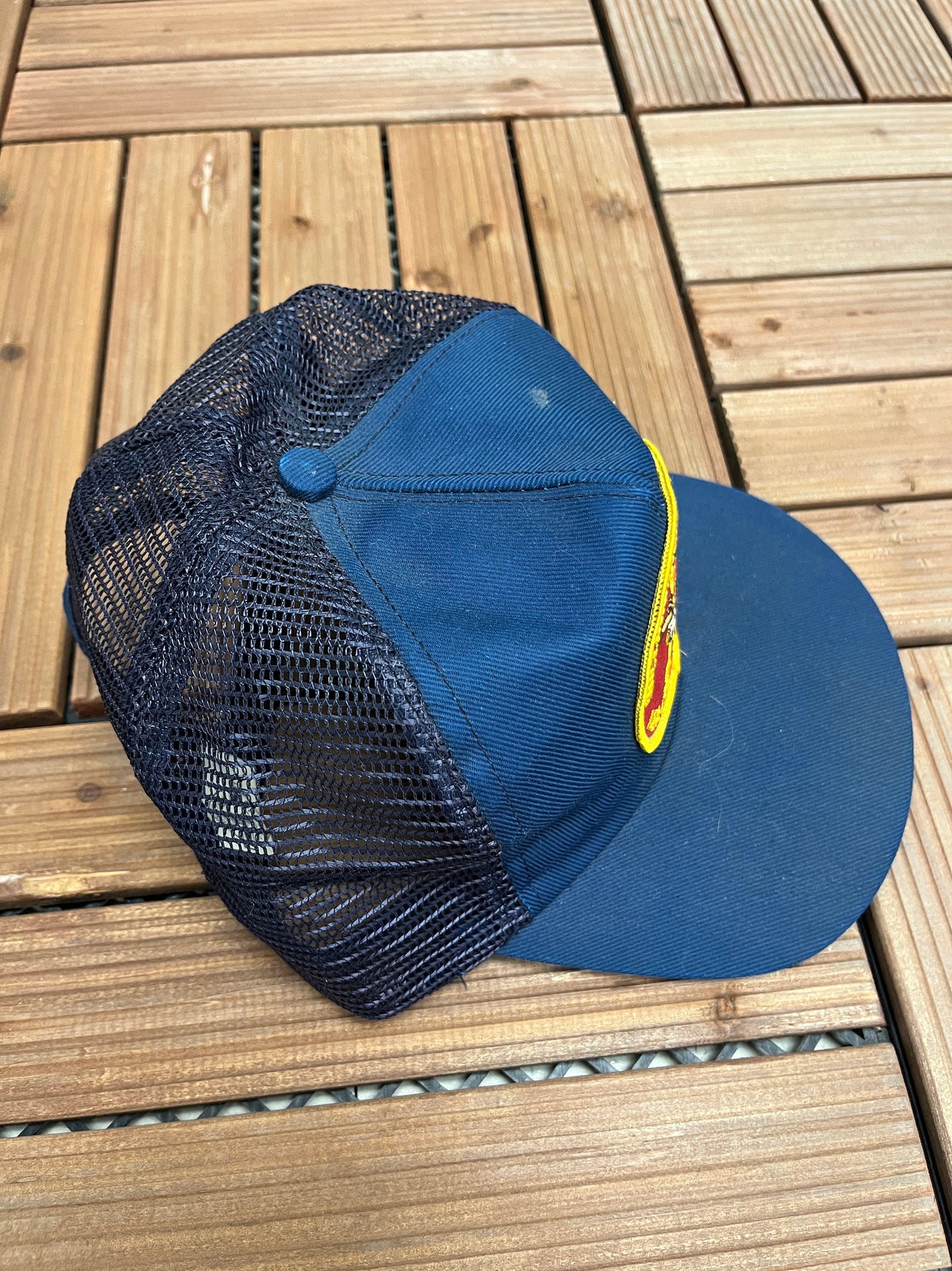 Anheuser-Busch Williamsburg Brewery Graphic Hat | Snap Back | Vintage 1990s Beer Alcohol Promotional Blue Trucker Cap |