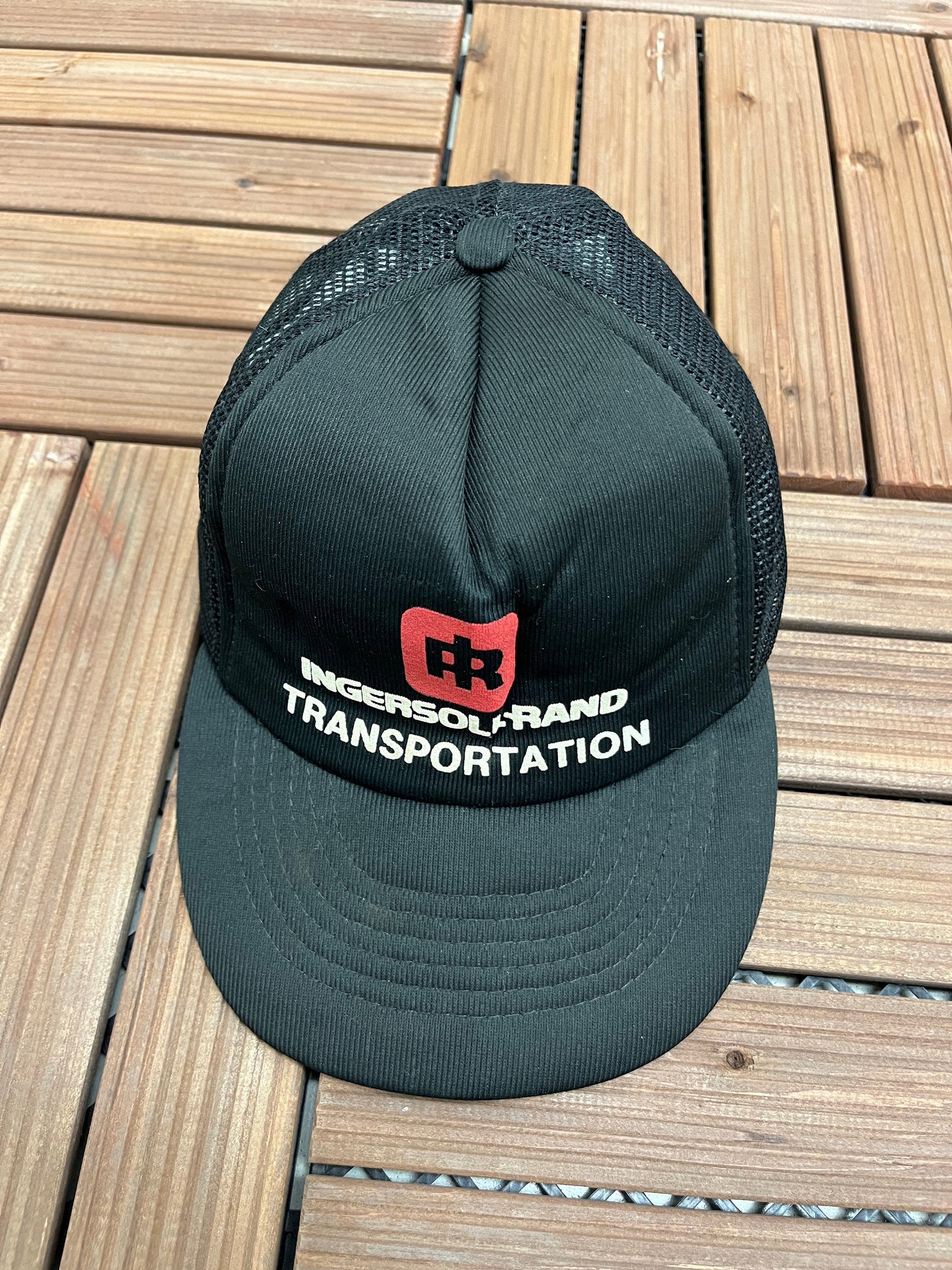 Ingersoll Rand Transportation Graphic Hat | Adjustable With Snap Back | Vintage 1990s Promotional Black Trucker Cap |