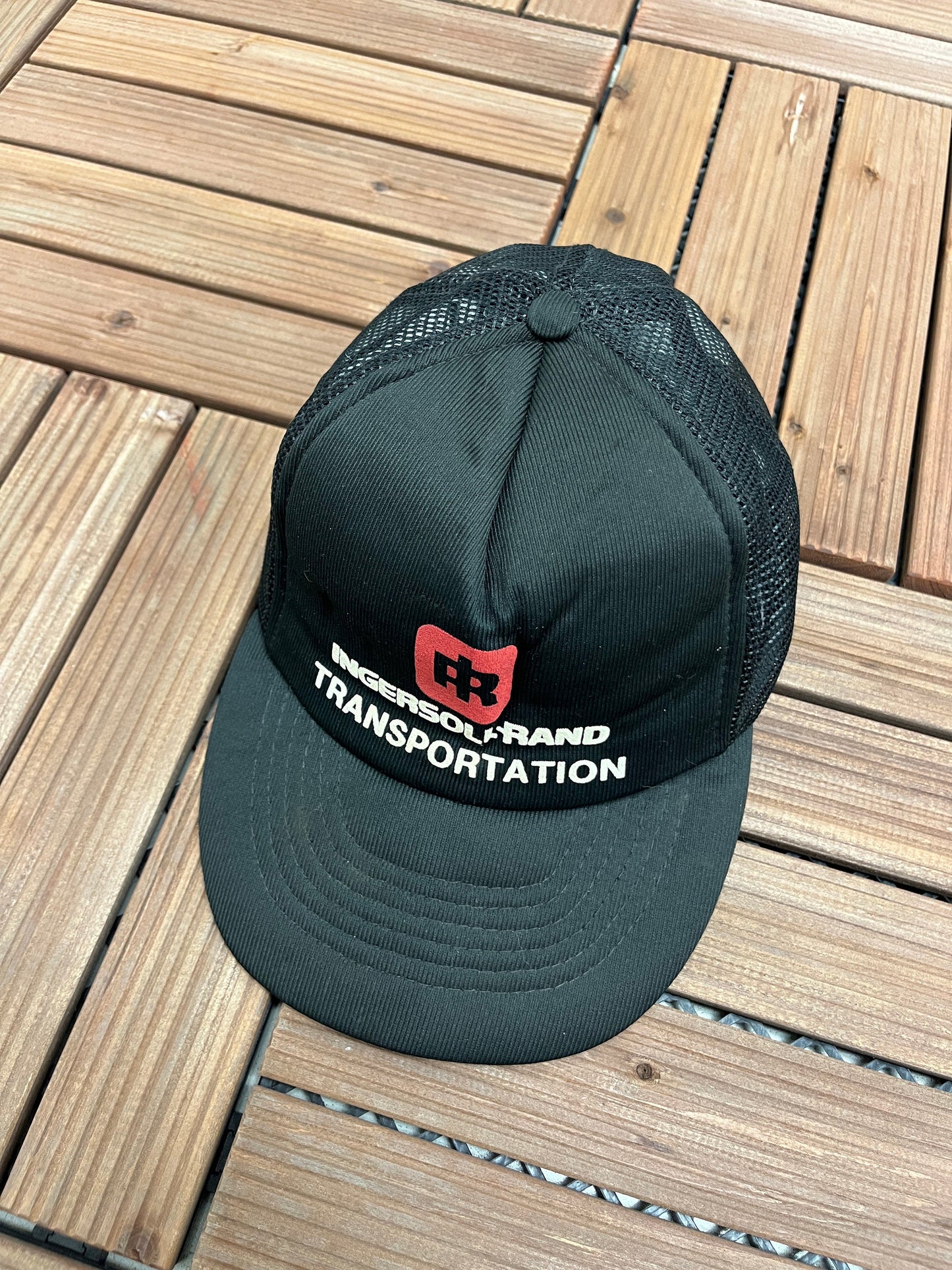 Ingersoll Rand Transportation Graphic Hat | Adjustable With Snap Back | Vintage 1990s Promotional Black Trucker Cap |