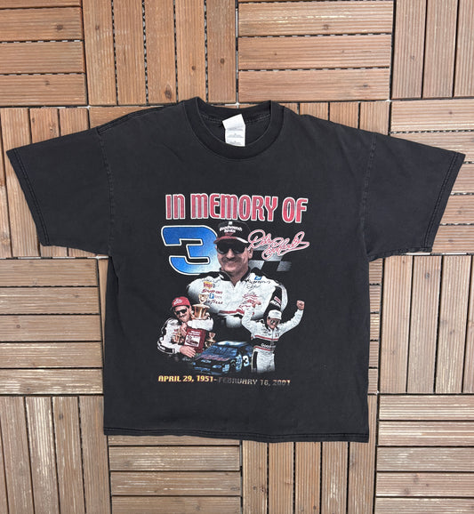 In Memory Of Dale Earnhardt Graphic Tee | Size X-Large | Vintage 2000s NASCAR Racing Black T-Shirt |