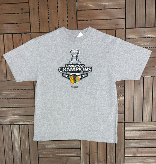 Chicago Blackhawks Stanley Cup Champions 2010 Graphic Tee | Size Large | Vintage 2000s NHL Hockey Grey T-Shirt |