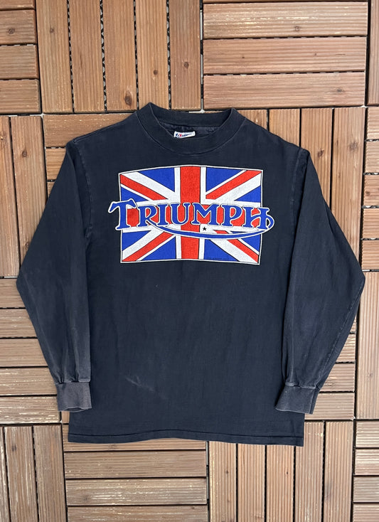 Triumph Union Jack Motorcycles Graphic Tee | Size Medium | Vintage 1990s Motorcycle Biker Black Long Sleeve |