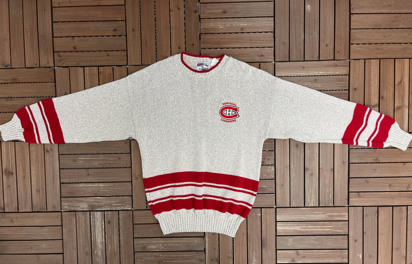 Montreal Canadiens Graphic Crewneck | Size Large | Vintage 1990s NHL Hockey Grey Knit Sweater |