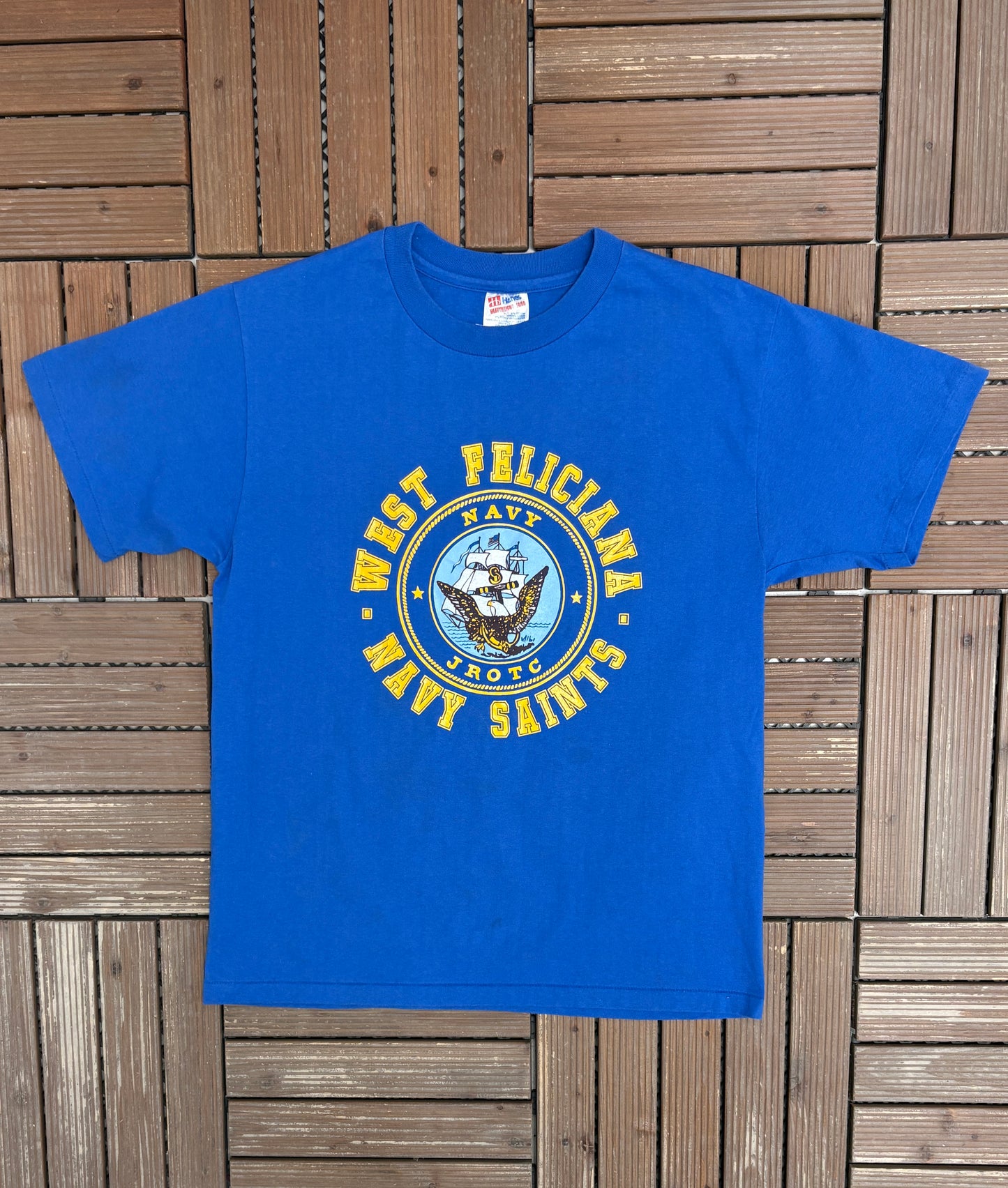 West Feliciana Navy Saints Graphic Tee | Size Large | Vintage 1990s Single Stitch Blue T-Shirt |