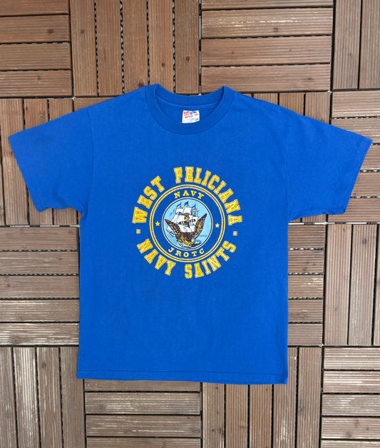 West Feliciana Navy Saints Graphic Tee | Size Large | Vintage 1990s Single Stitch Blue T-Shirt |
