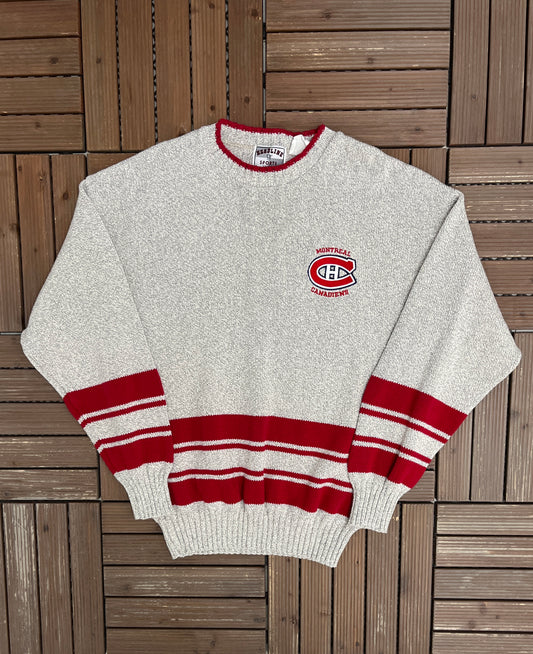 Montreal Canadiens Graphic Crewneck | Size Large | Vintage 1990s NHL Hockey Grey Knit Sweater |