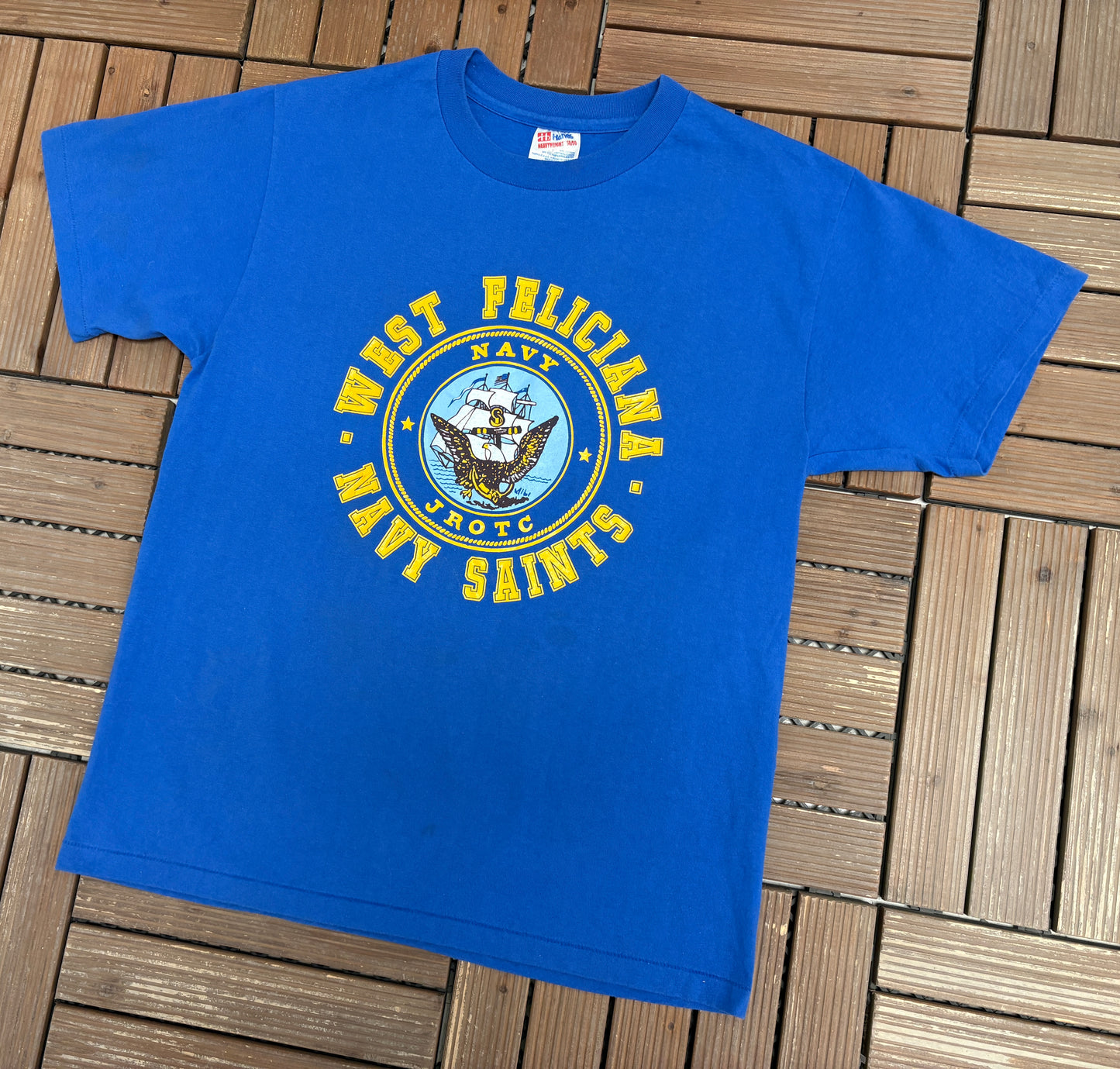 West Feliciana Navy Saints Graphic Tee | Size Large | Vintage 1990s Single Stitch Blue T-Shirt |