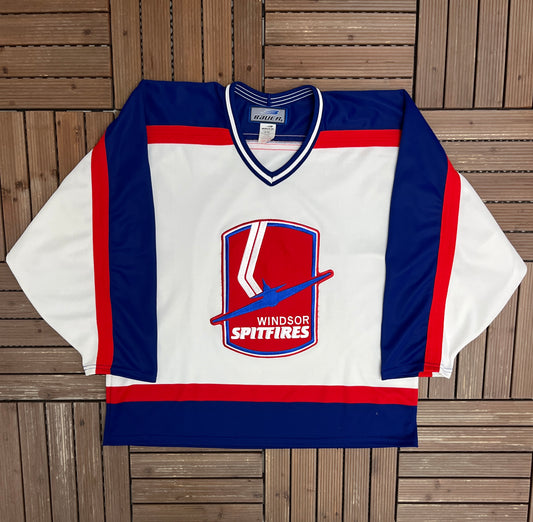 Windsor Spitfires Stitched Hockey Jersey | Size Large | Vintage 1990s OHL Hockey White Jersey |