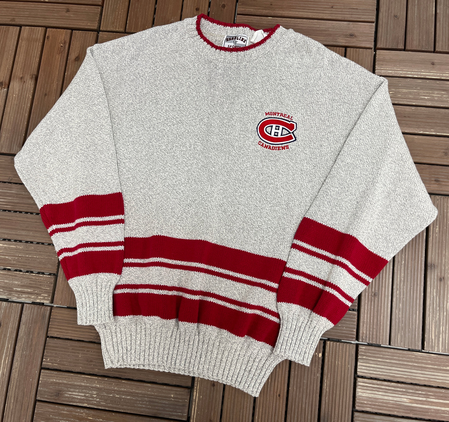 Montreal Canadiens Graphic Crewneck | Size Large | Vintage 1990s NHL Hockey Grey Knit Sweater |