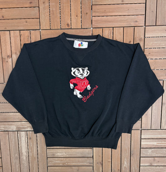 Wisconsin Badgers Stitched Graphic Crewneck | Size X-Large | Vintage 1990s College Sports Black Sweater |