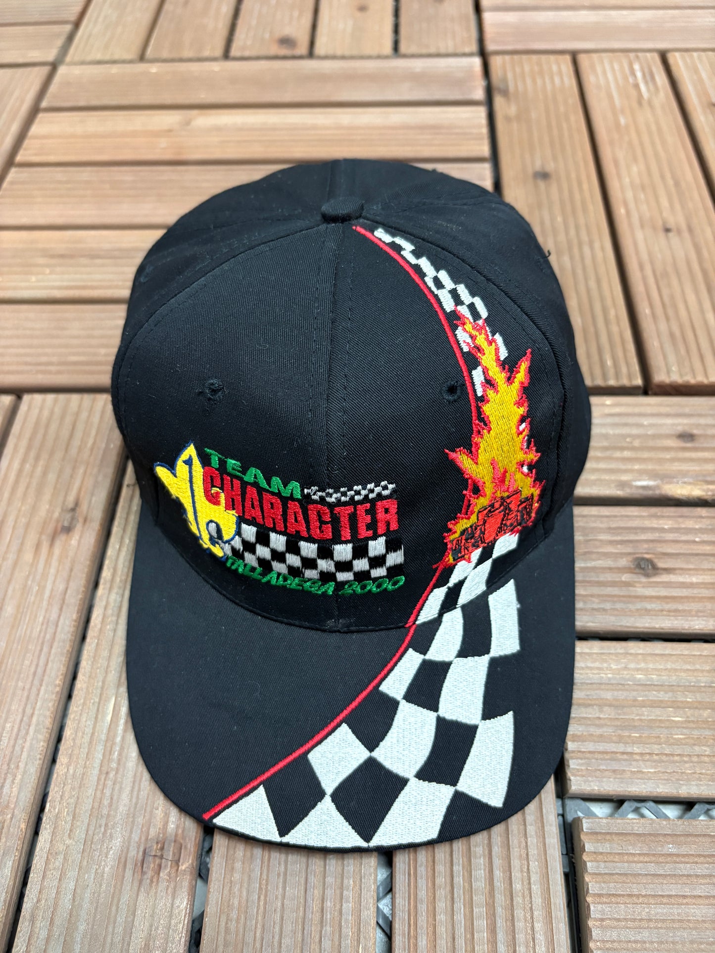 Team Character Talladega 2000 Graphic Hat | Snap Back | Vintage 2000s Racing Black Cap |