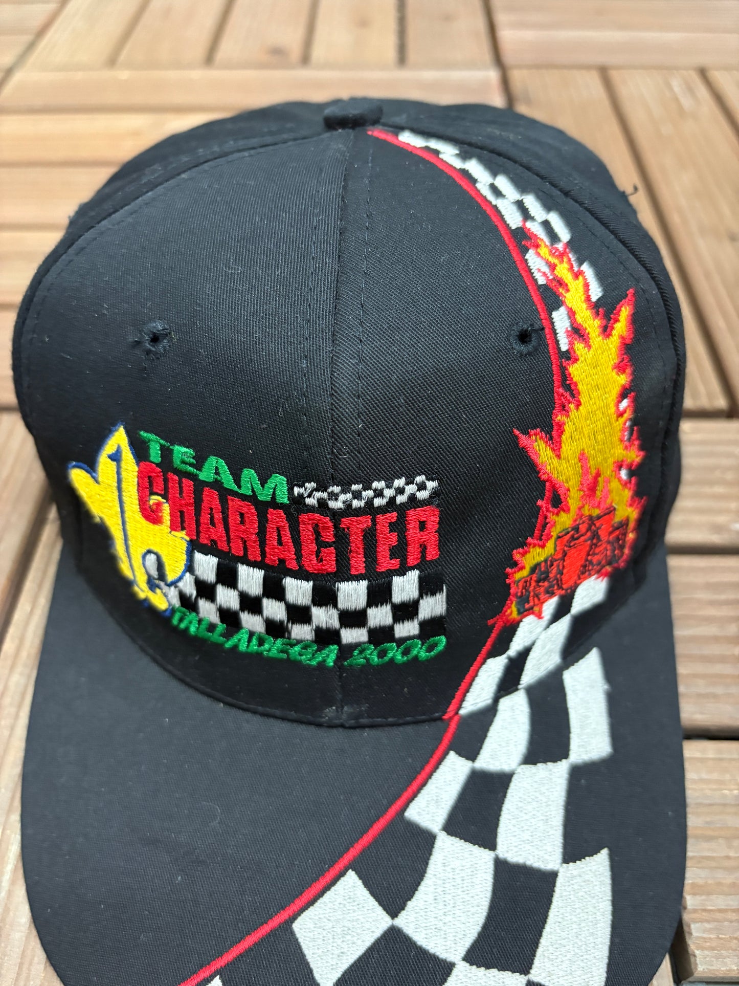 Team Character Talladega 2000 Graphic Hat | Snap Back | Vintage 2000s Racing Black Cap |