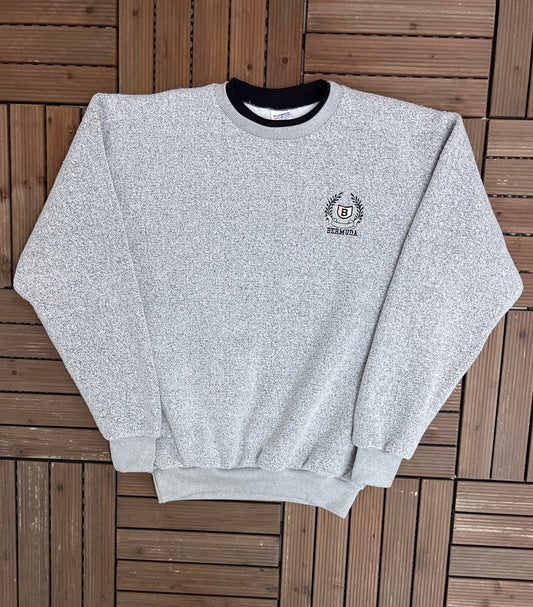 Bermuda Crest Embroidered Graphic Crewneck | Size Large | Vintage 1990s Grey Fleece Sweater |