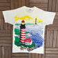 Lighthouse All Over Print Graphic Tee | Size Large | Vintage 1990s Scenic White T-Shirt |